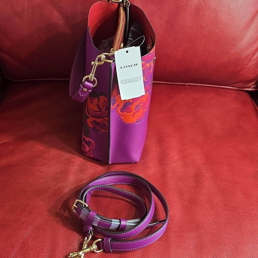 Coach Magenta Purple Red Jumbo Floral Mollie 22 Bucket Bag - Picture 4 of 12